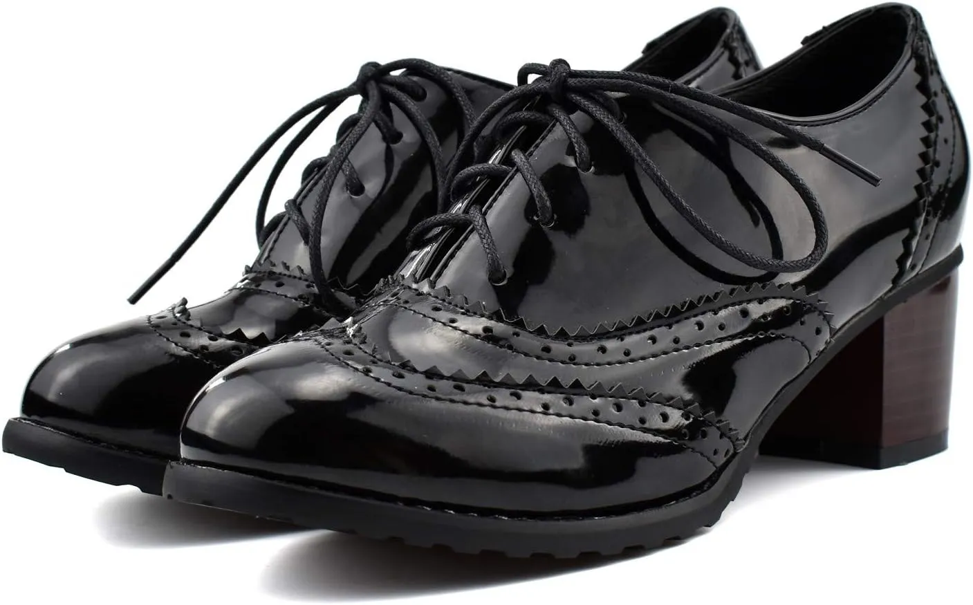100FIXEO Women Block Heel Wingtip Oxford Shoes Vintage Chunky Heel Saddle Shoes
