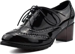 100FIXEO Women Block Heel Wingtip Oxford Shoes Vintage Chunky Heel Saddle Shoes