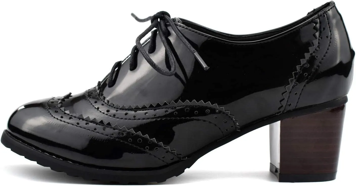 100FIXEO Women Block Heel Wingtip Oxford Shoes Vintage Chunky Heel Saddle Shoes