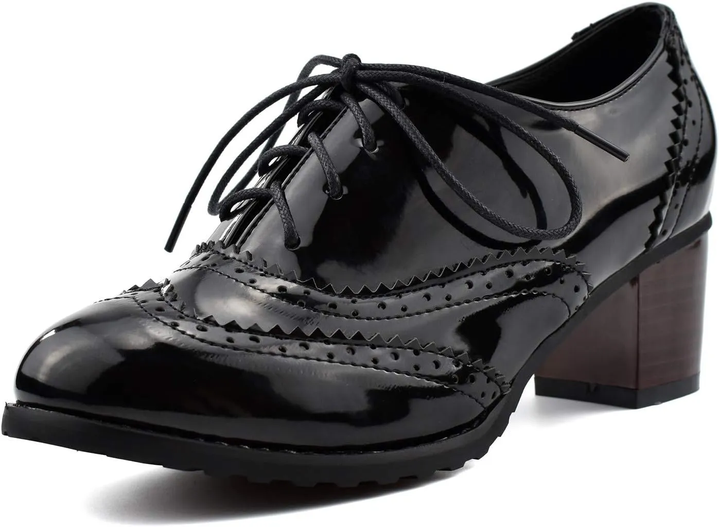 100FIXEO Women Block Heel Wingtip Oxford Shoes Vintage Chunky Heel Saddle Shoes