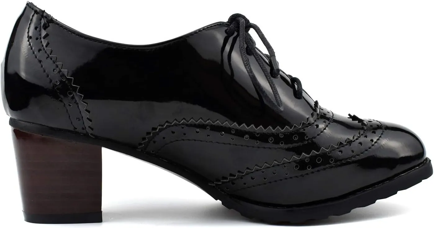 100FIXEO Women Block Heel Wingtip Oxford Shoes Vintage Chunky Heel Saddle Shoes
