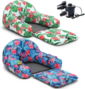 2 Pack Fabric Covered Pool Float Lounge for Adults 2 in 1 Convertible Chair Lounger Large Inflatable Pool Rafts Heavy Duty Fabric Float Mattress with Quick Dry Cover, Electric Air Pump
