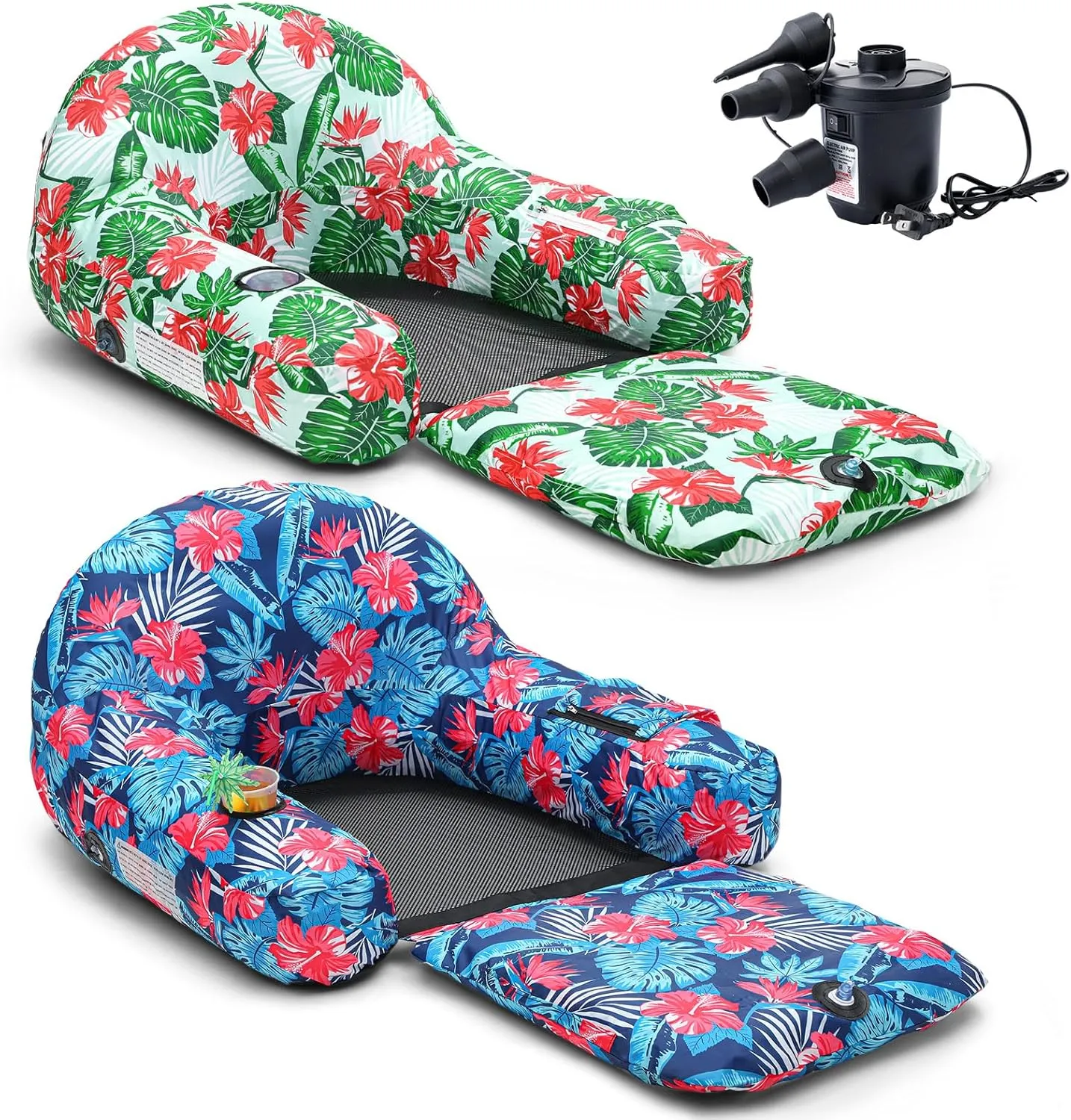 2 Pack Fabric Covered Pool Float Lounge for Adults 2 in 1 Convertible Chair Lounger Large Inflatable Pool Rafts Heavy Duty Fabric Float Mattress with Quick Dry Cover, Electric Air Pump