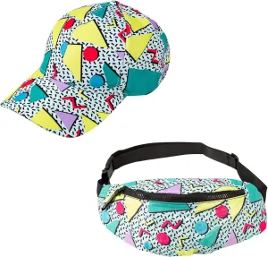2 Pcs 80s 90s Fanny Pack for Women Men 80s Adjustable Waist Bag Retro Casual Outfit Baseball/Bucket Hats,Outfit Sun Visor Hat Set Belt Bag 90s Baseball Cap for Summer Travel Beach Disco Party