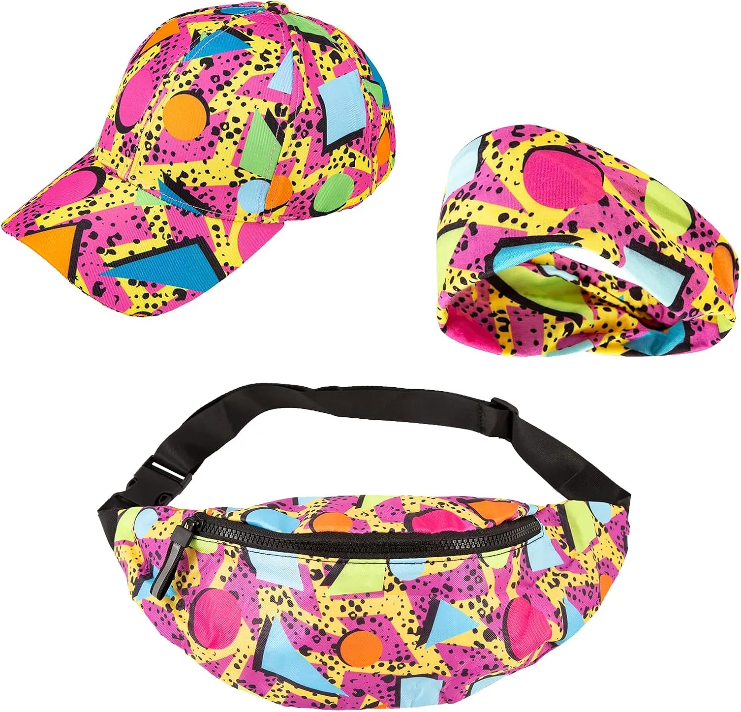 3 Pcs 80s 90s Fanny Pack for Women Men 80s Adjustable Waist Bag Retro Casual Outfit Baseball/Bucket Hats Headbands Fashion Sweatbands,Outfit Belt Bag 90s Baseball Cap for Summer Travel Beach Party