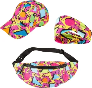 3 Pcs 80s 90s Fanny Pack for Women Men 80s Adjustable Waist Bag Retro Casual Outfit Baseball/Bucket Hats Headbands Fashion Sweatbands,Outfit Belt Bag 90s Baseball Cap for Summer Travel Beach Party