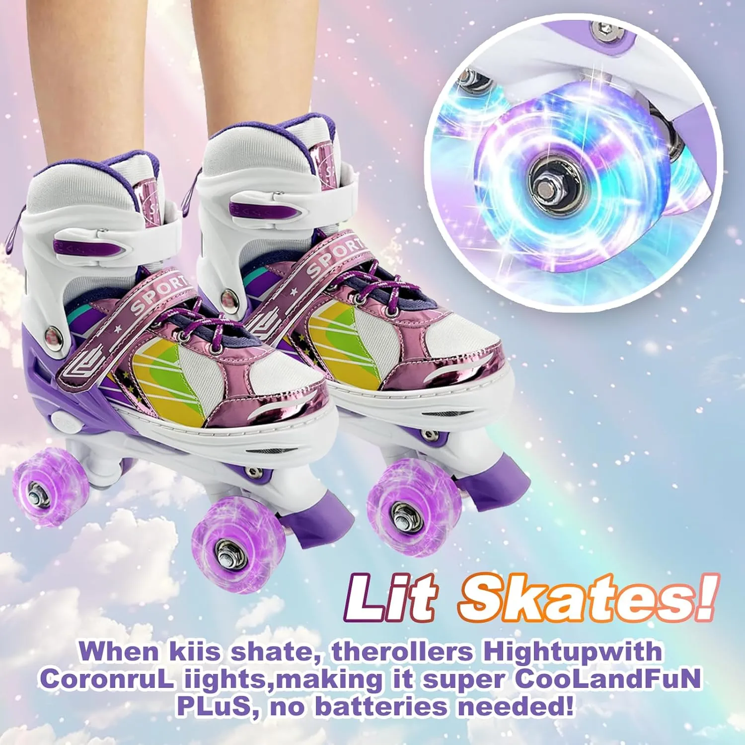 Adjustable Kids Roller Skates for Girls and Boys Ages 3-5 5-8 8-12, All 8 Wheels of Girl's Skates Shine, Safe and Fun Illuminating for Outdoor Indoor Sports
