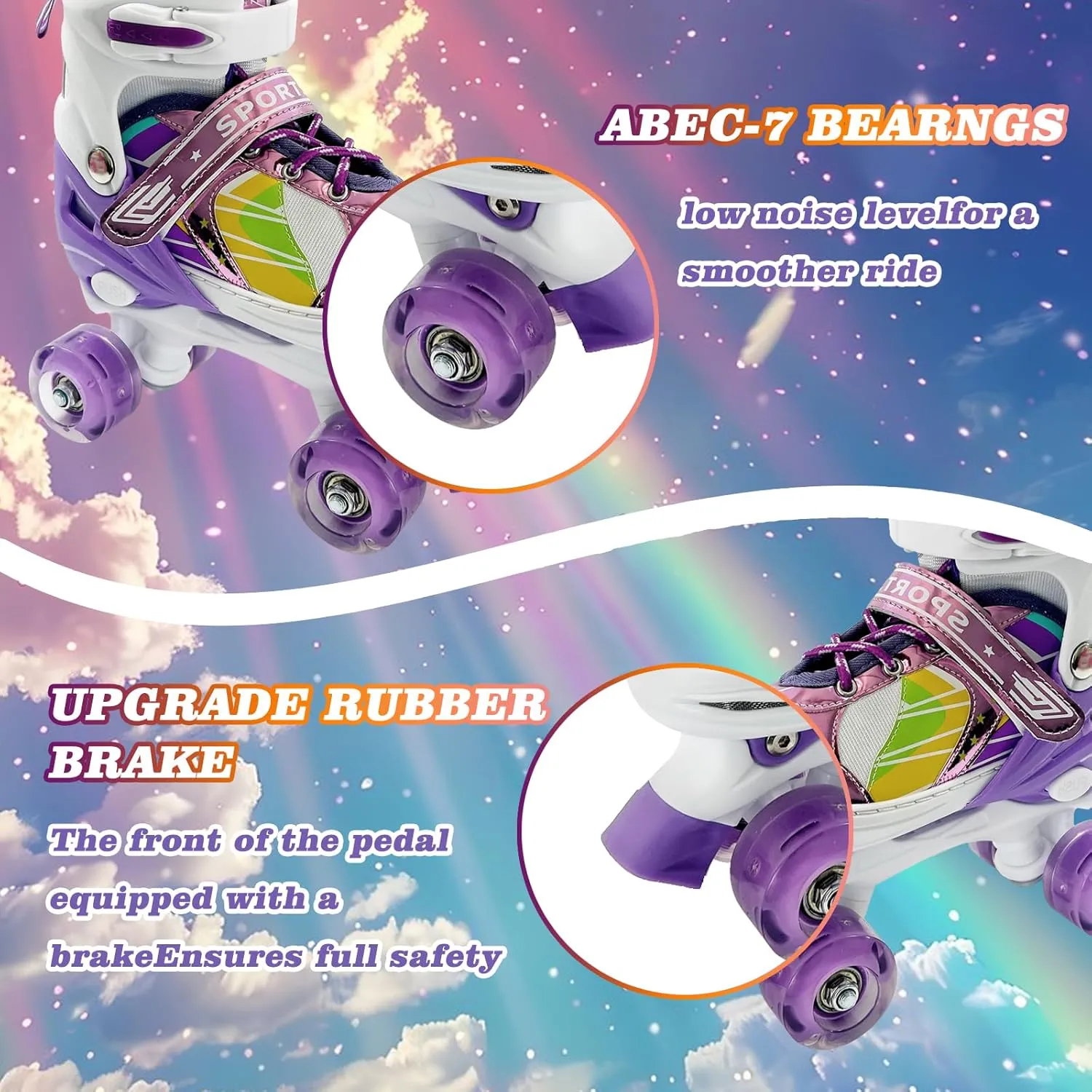 Adjustable Kids Roller Skates for Girls and Boys Ages 3-5 5-8 8-12, All 8 Wheels of Girl's Skates Shine, Safe and Fun Illuminating for Outdoor Indoor Sports