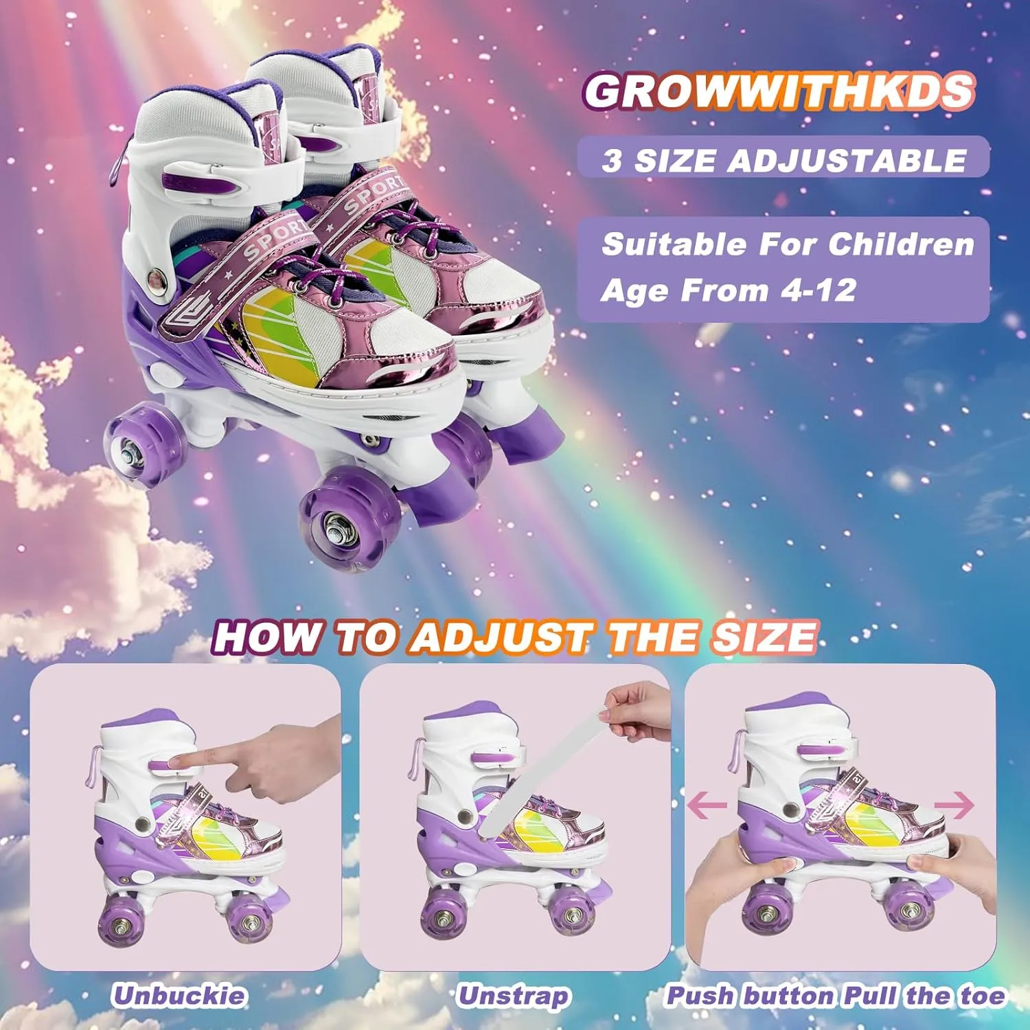 Adjustable Kids Roller Skates for Girls and Boys Ages 3-5 5-8 8-12, All 8 Wheels of Girl's Skates Shine, Safe and Fun Illuminating for Outdoor Indoor Sports