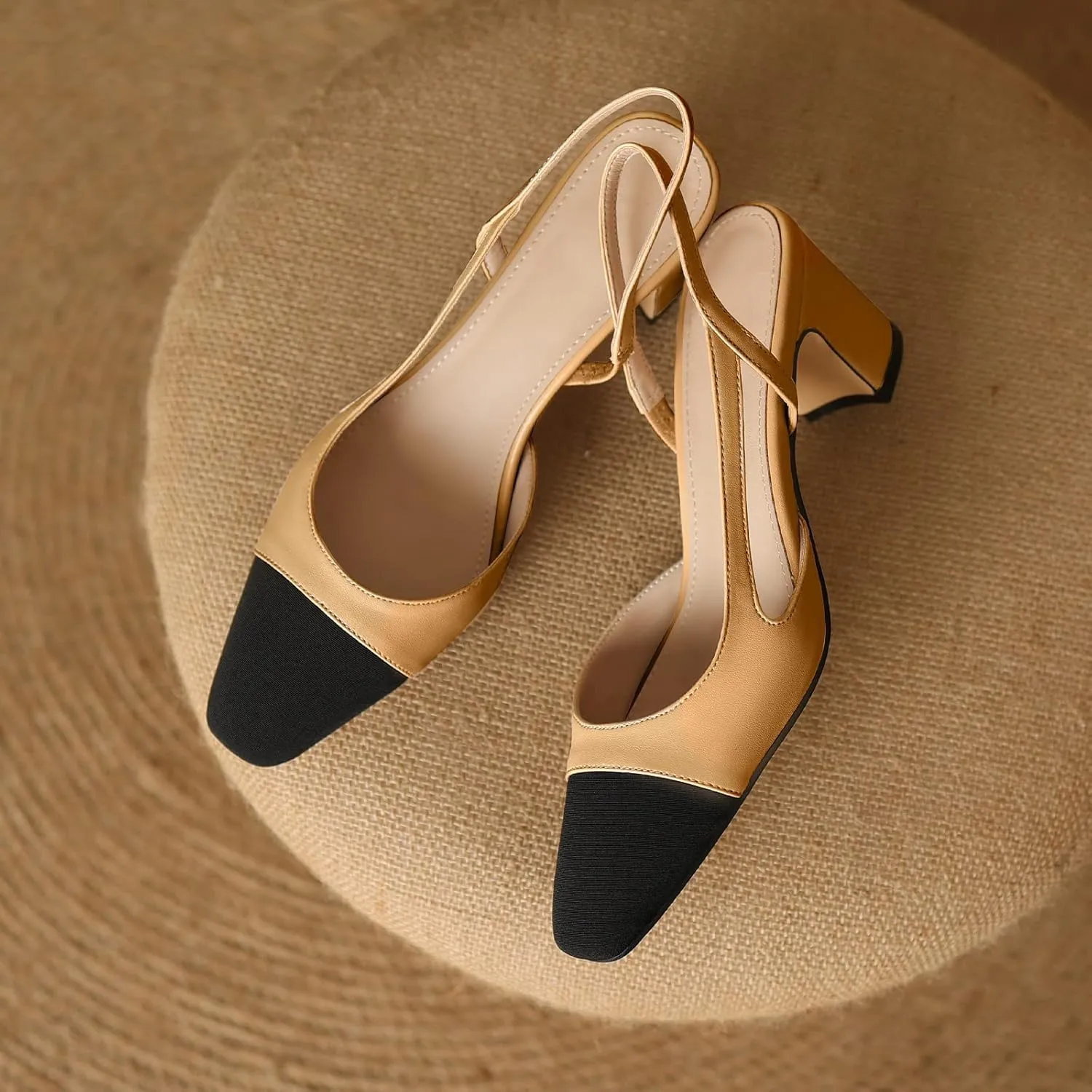 Adrizzlein Womens Slingback Heeled Pumps Closed Round Toe Block Heels Two Toned Casual Chunky Heels Office Shoes