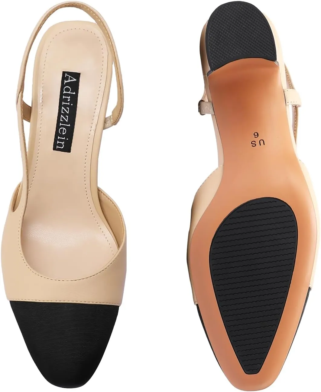Adrizzlein Womens Slingback Heeled Pumps Closed Round Toe Block Heels Two Toned Casual Chunky Heels Office Shoes