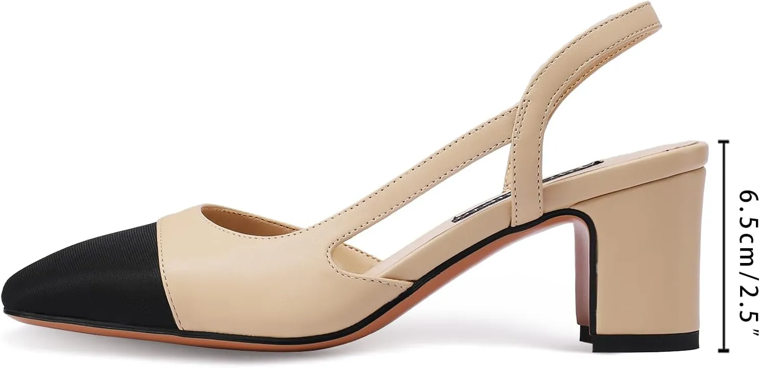 Adrizzlein Womens Slingback Heeled Pumps Closed Round Toe Block Heels Two Toned Casual Chunky Heels Office Shoes