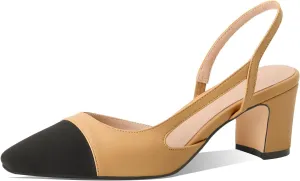 Adrizzlein Womens Slingback Heeled Pumps Closed Round Toe Block Heels Two Toned Casual Chunky Heels Office Shoes