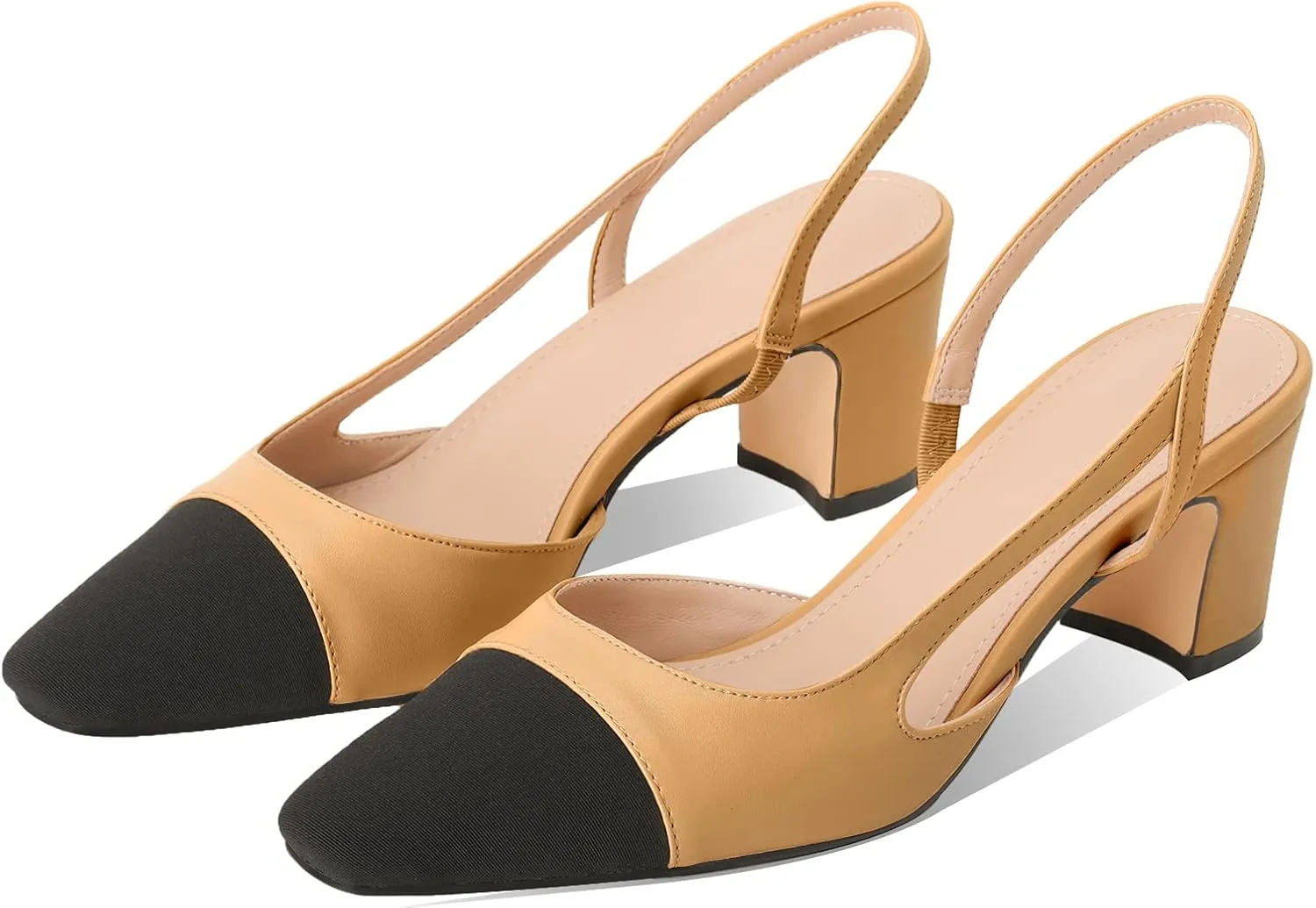 Adrizzlein Womens Slingback Heeled Pumps Closed Round Toe Block Heels Two Toned Casual Chunky Heels Office Shoes