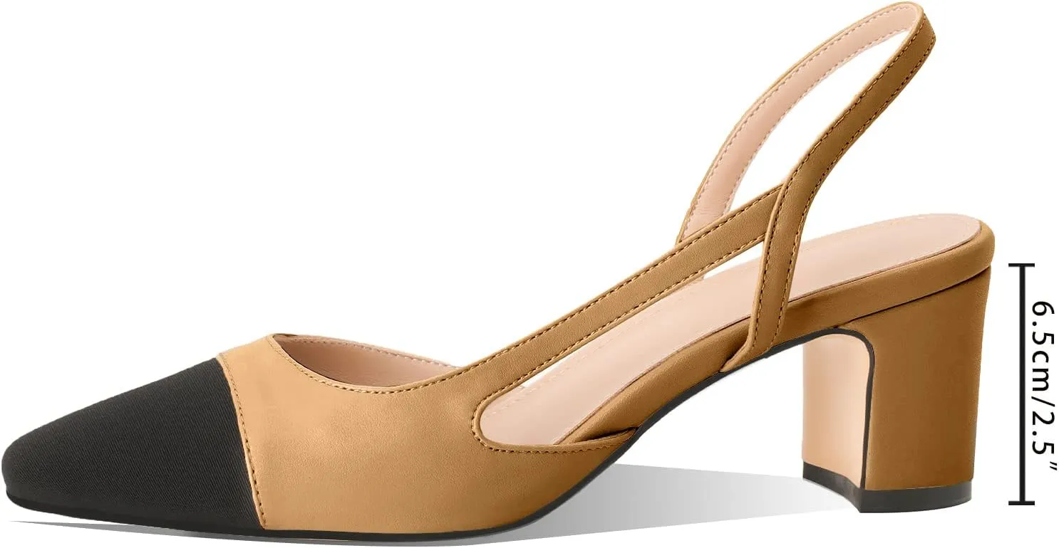 Adrizzlein Womens Slingback Heeled Pumps Closed Round Toe Block Heels Two Toned Casual Chunky Heels Office Shoes