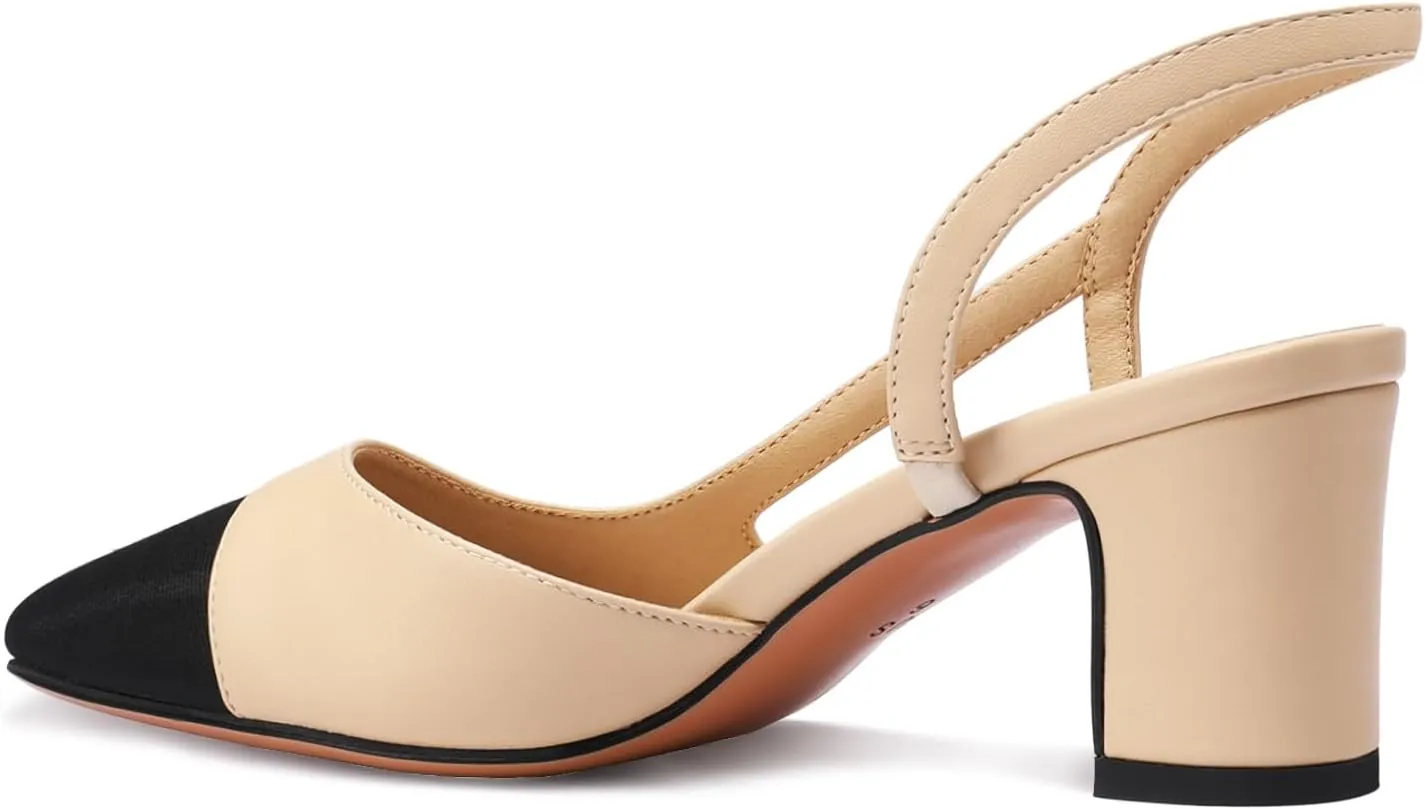 Adrizzlein Womens Slingback Heeled Pumps Closed Round Toe Block Heels Two Toned Casual Chunky Heels Office Shoes
