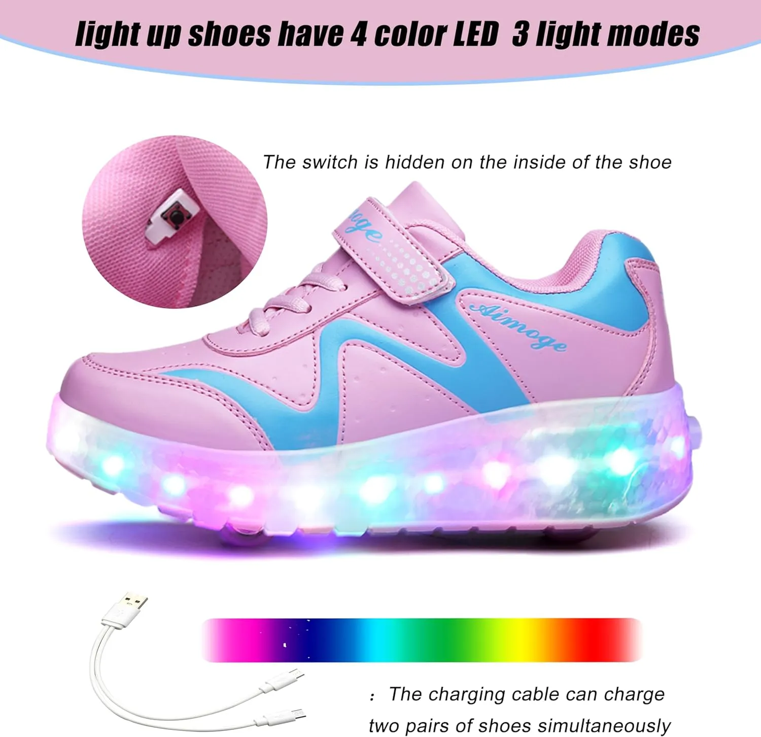 Aikuass USB Chargable LED Light Up Roller Shoes Wheeled Skate Sneaker Shoes for Boys Girls Kids