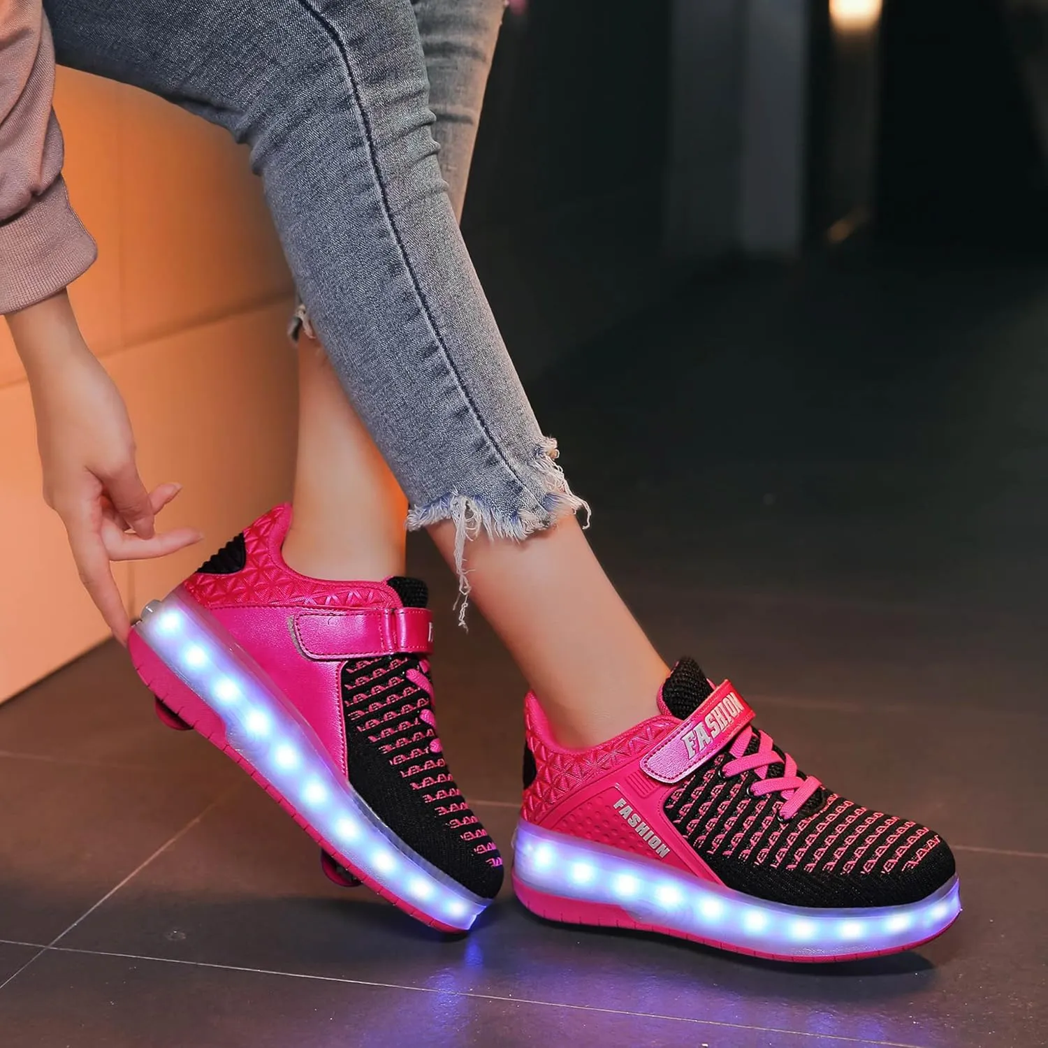 Aikuass USB Chargable LED Light Up Roller Shoes Wheeled Skate Sneaker Shoes for Boys Girls Kids