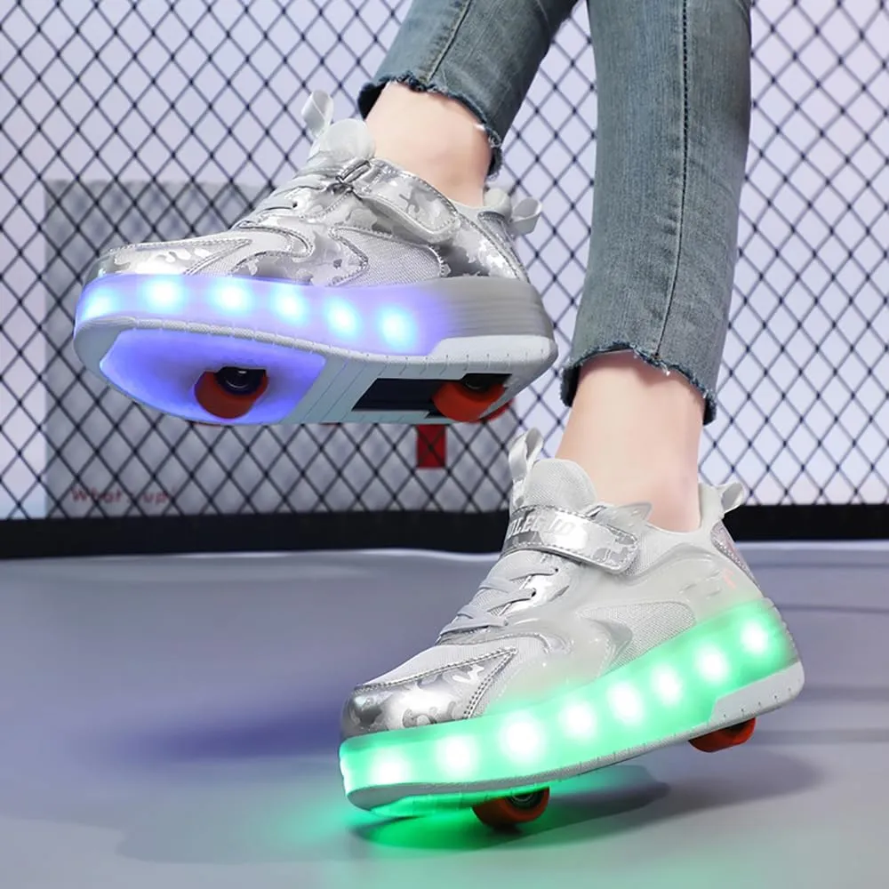 Aikuass USB Chargable LED Light Up Roller Shoes Wheeled Skate Sneaker Shoes for Boys Girls Kids