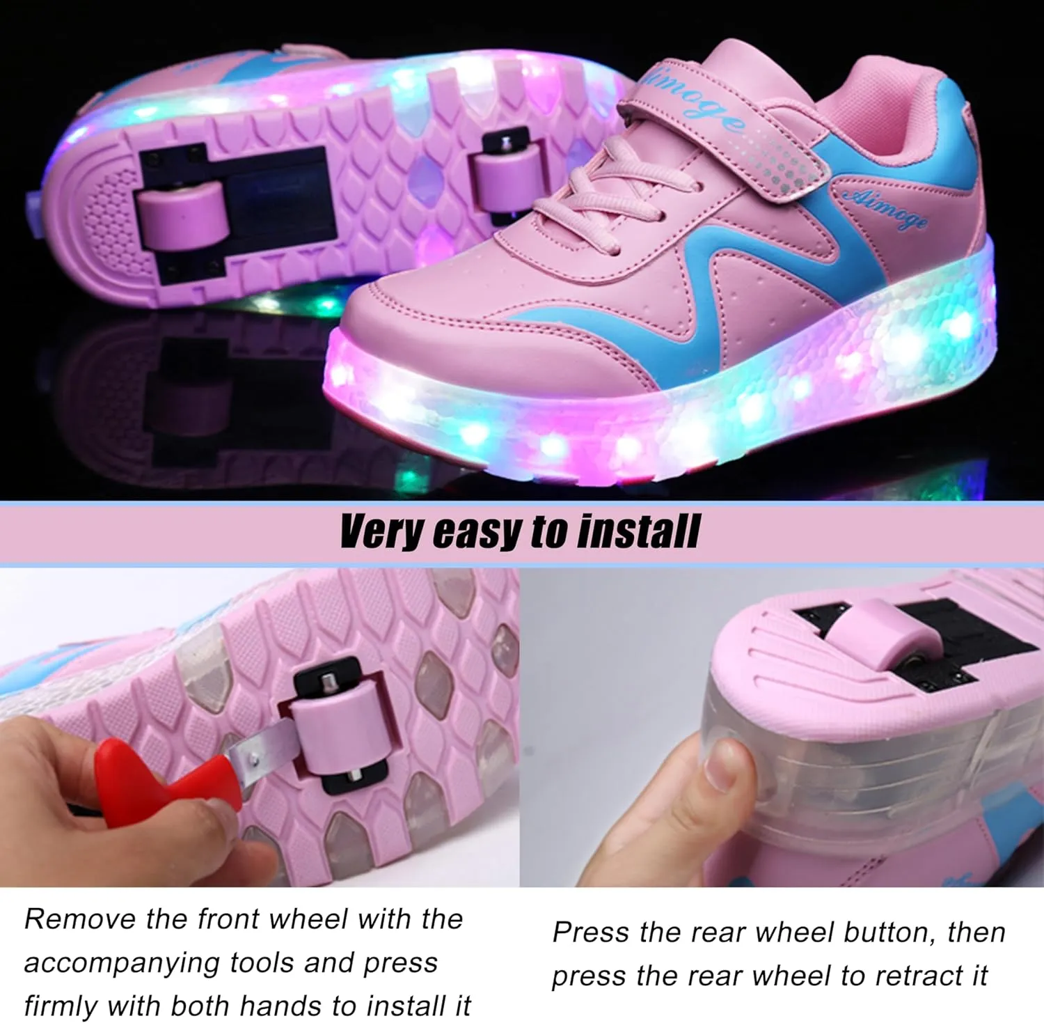 Aikuass USB Chargable LED Light Up Roller Shoes Wheeled Skate Sneaker Shoes for Boys Girls Kids