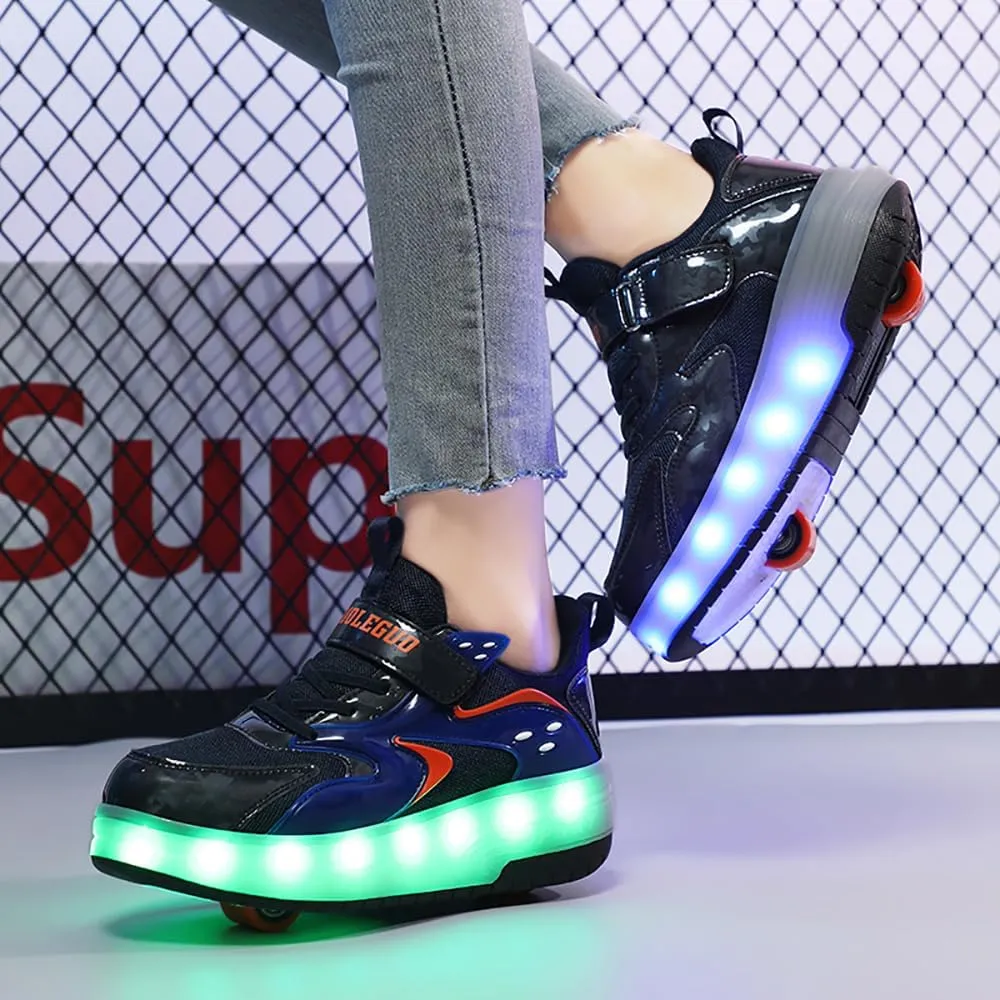 Aikuass USB Chargable LED Light Up Roller Shoes Wheeled Skate Sneaker Shoes for Boys Girls Kids