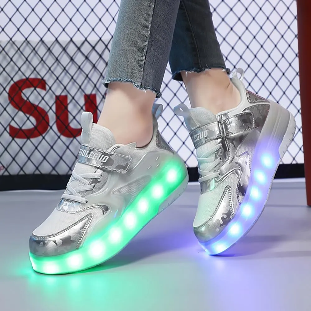 Aikuass USB Chargable LED Light Up Roller Shoes Wheeled Skate Sneaker Shoes for Boys Girls Kids