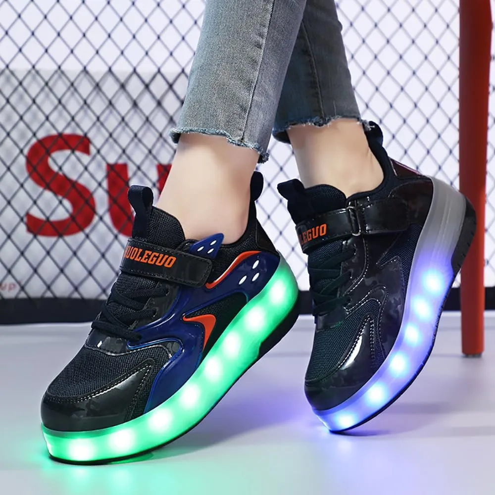Aikuass USB Chargable LED Light Up Roller Shoes Wheeled Skate Sneaker Shoes for Boys Girls Kids
