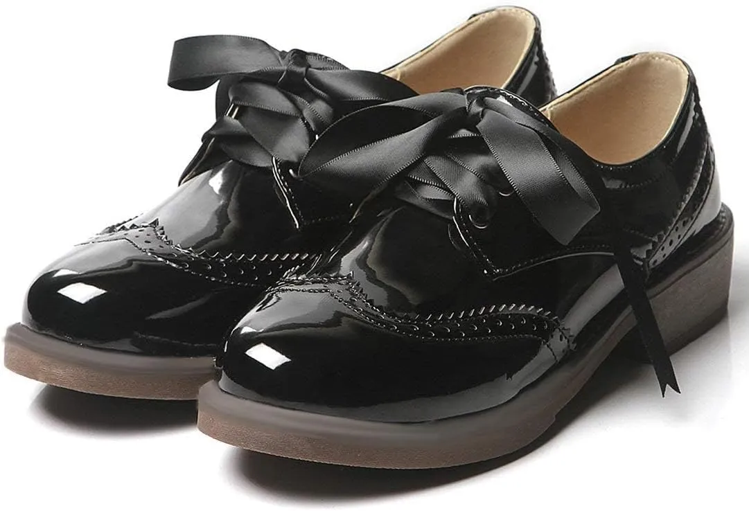 AIMODOR Womens Lace Up Flat Wingtip Oxford Patent Leather Chunky Low Heel Brogue Shoes