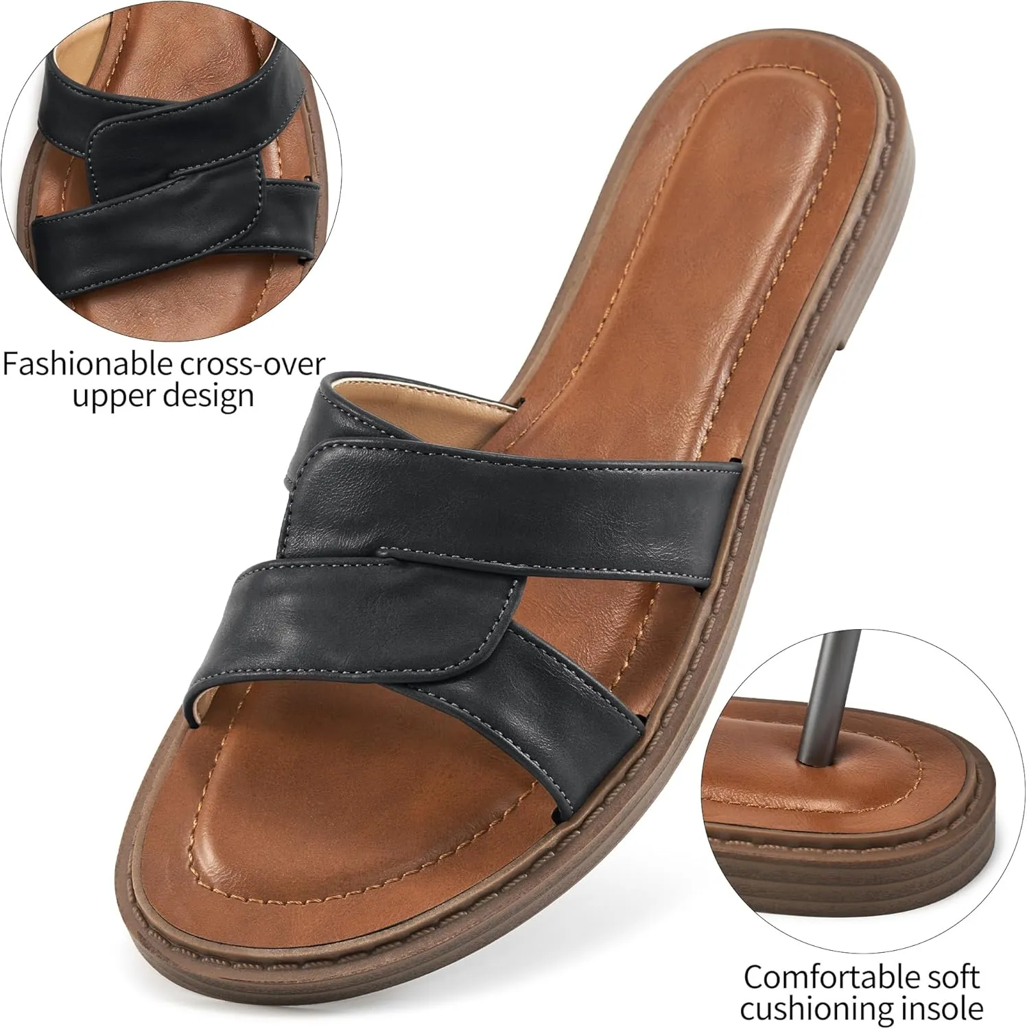 Almusen Slides for Womens Flat Sandals: Comfort Slip On Dressy Summer Beach Flats Fashion Cross Walking Shoes for Daily