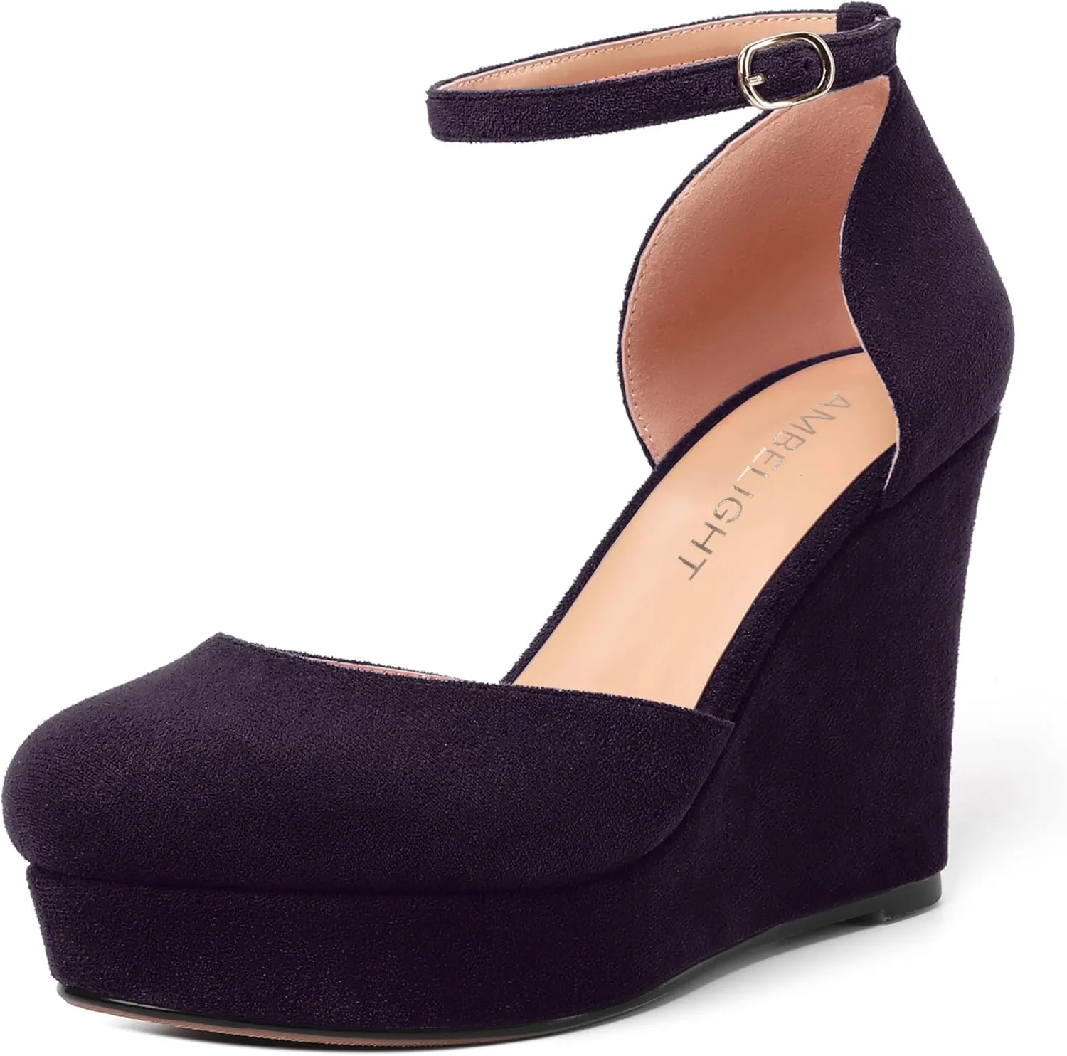 AMBELIGHT Womens Suede Solid Cute Round Toe Party Platform Ankle Strap Buckle Wedge High Heel Pumps Shoes 4 Inch