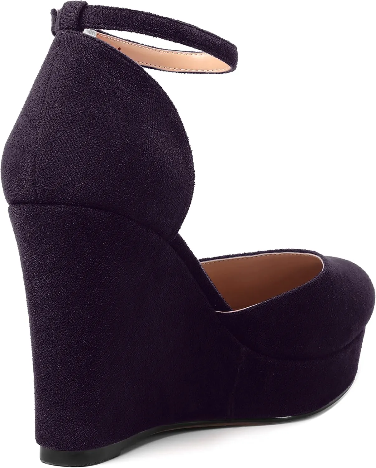 AMBELIGHT Womens Suede Solid Cute Round Toe Party Platform Ankle Strap Buckle Wedge High Heel Pumps Shoes 4 Inch