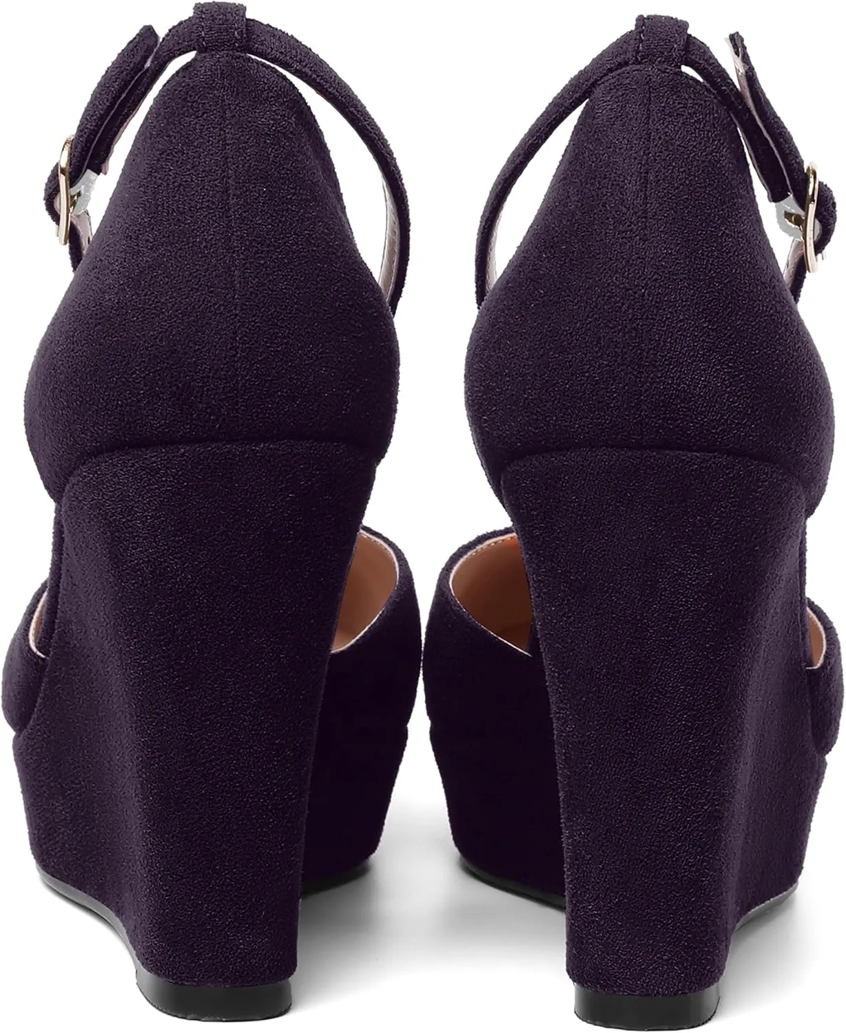 AMBELIGHT Womens Suede Solid Cute Round Toe Party Platform Ankle Strap Buckle Wedge High Heel Pumps Shoes 4 Inch
