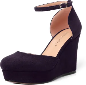 AMBELIGHT Womens Suede Solid Cute Round Toe Party Platform Ankle Strap Buckle Wedge High Heel Pumps Shoes 4 Inch