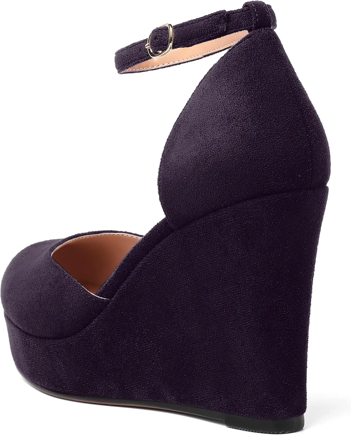 AMBELIGHT Womens Suede Solid Cute Round Toe Party Platform Ankle Strap Buckle Wedge High Heel Pumps Shoes 4 Inch
