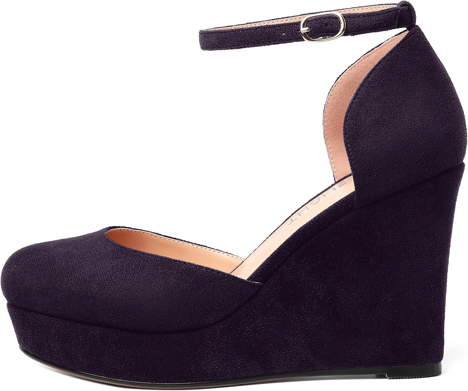 AMBELIGHT Womens Suede Solid Cute Round Toe Party Platform Ankle Strap Buckle Wedge High Heel Pumps Shoes 4 Inch