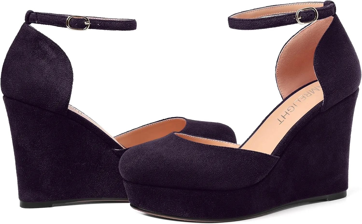 AMBELIGHT Womens Suede Solid Cute Round Toe Party Platform Ankle Strap Buckle Wedge High Heel Pumps Shoes 4 Inch