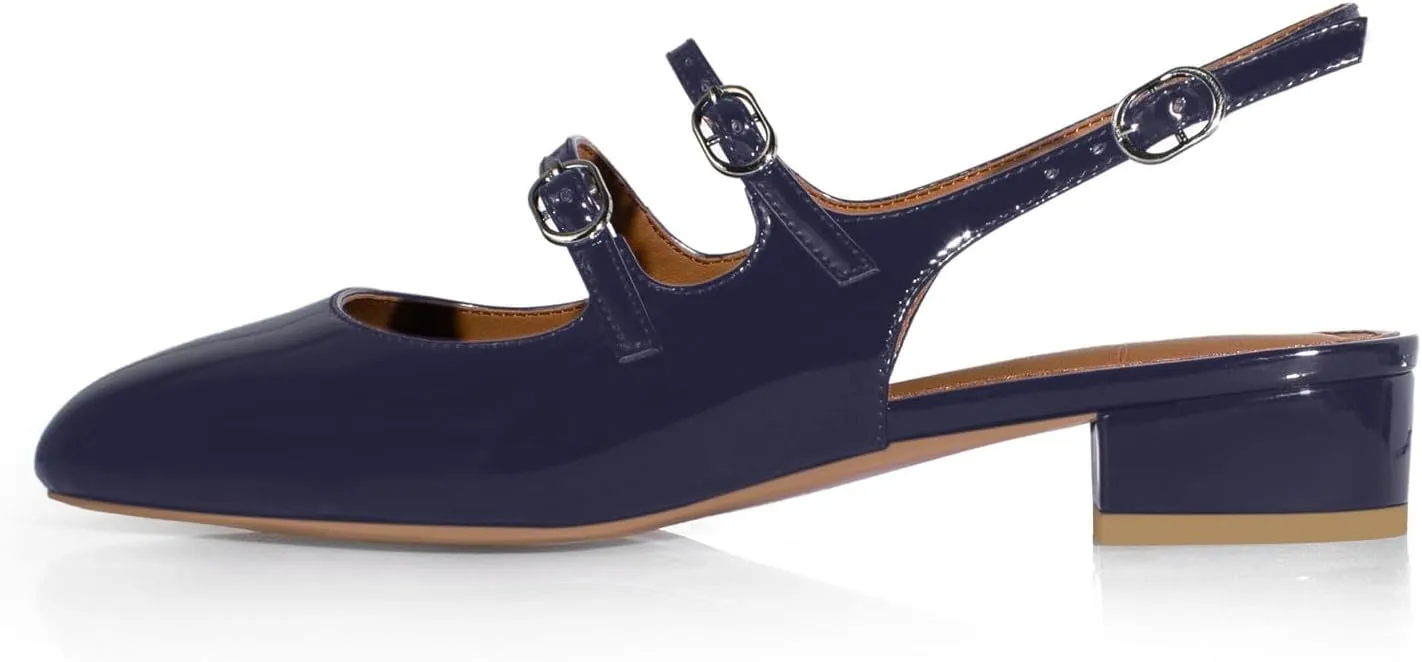 anteikira Women's Round Toe Slingback Flats Closed Toe Double Strap Mary Jane Flats for Women 1 Inch Heel Dress Shoes Low Heel Causal Work Office Pumps for Women Size 5.5-12US
