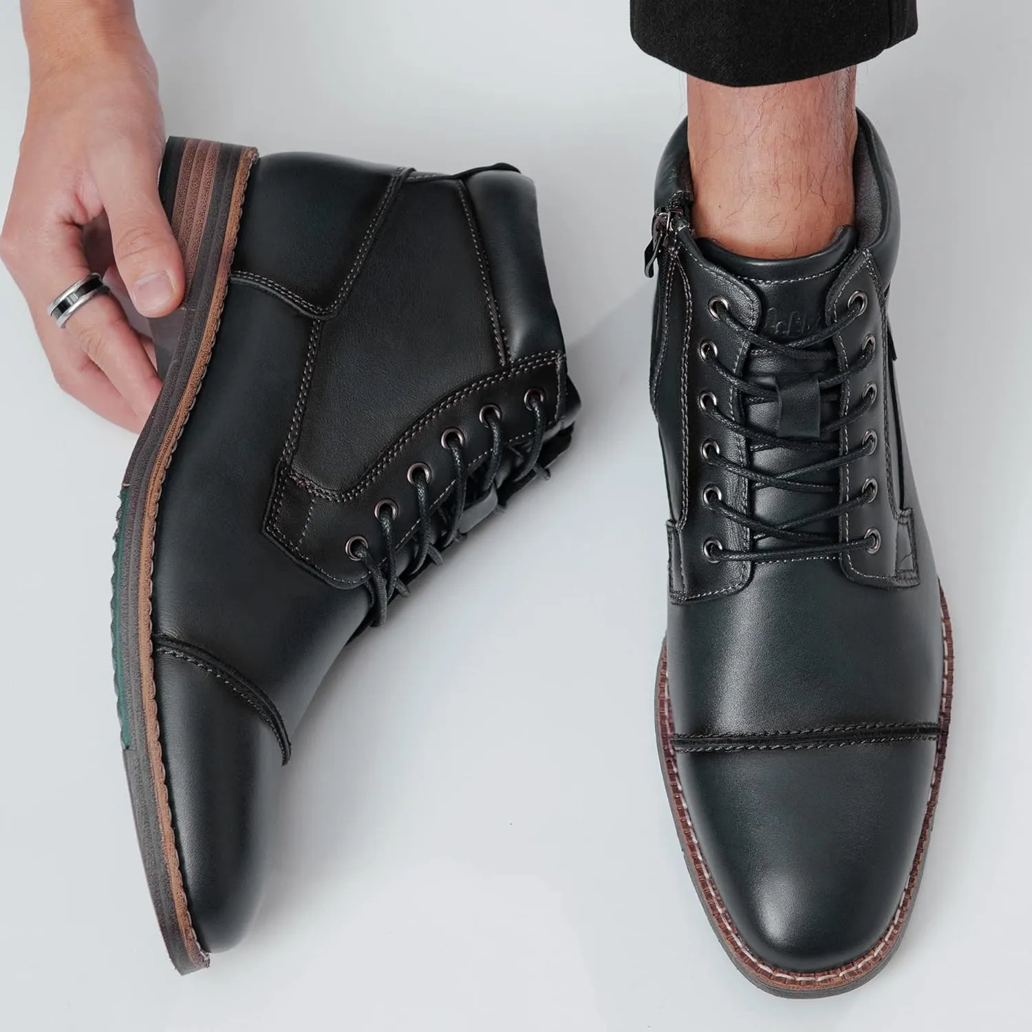 Arkbird Mens Oxford Leather Dress Boots Classic Cap Toe Side Zip Mid Top Casual Ankle Boots for Men