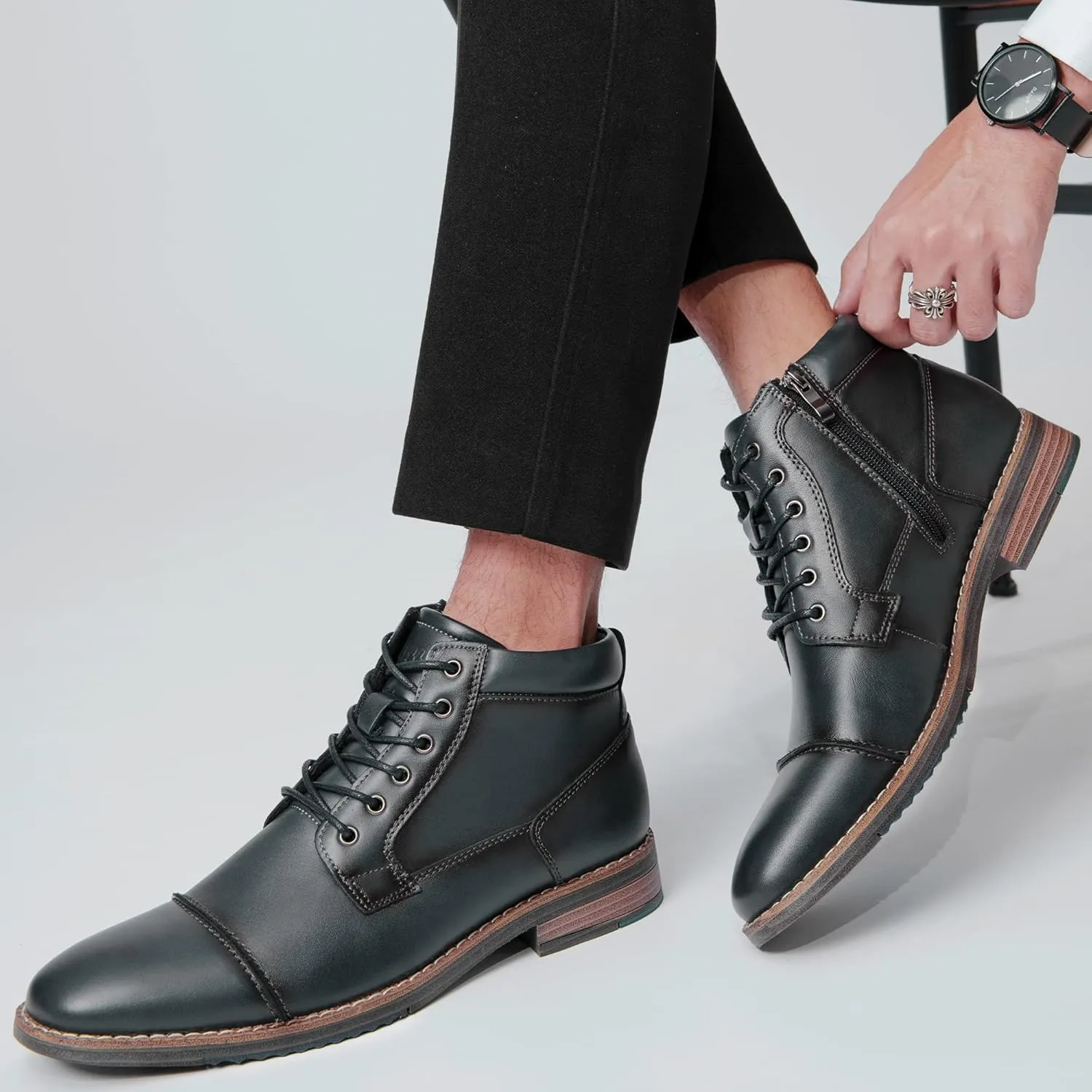 Arkbird Mens Oxford Leather Dress Boots Classic Cap Toe Side Zip Mid Top Casual Ankle Boots for Men