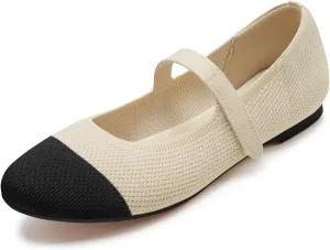 ATHMILE Mary Jane Shoes Women Round Toe Knit Ballet Flats Shoes for Women Comfortable Dressy Washable Adjustable Strap for Work Office Casual