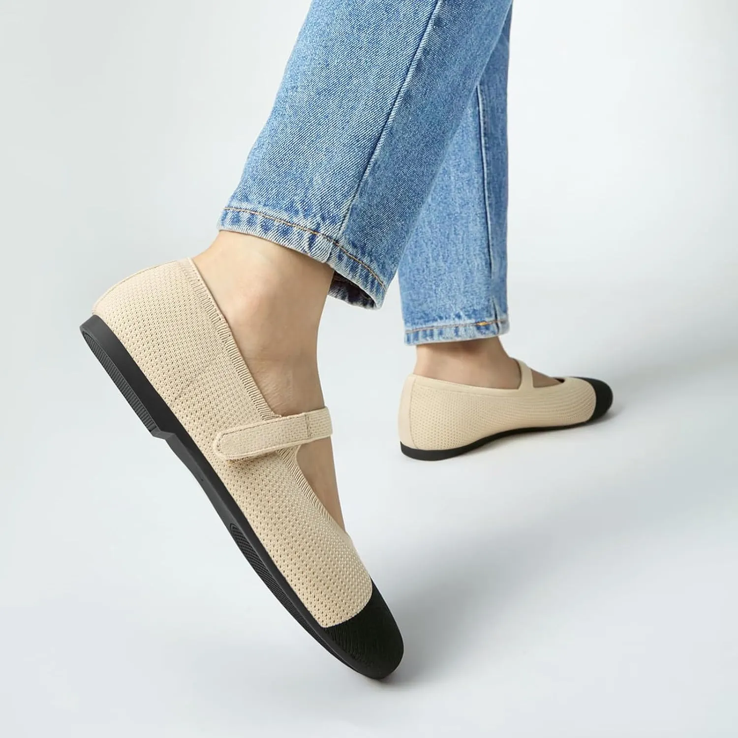 ATHMILE Mary Jane Shoes Women Round Toe Knit Ballet Flats Shoes for Women Comfortable Dressy Washable Adjustable Strap for Work Office Casual