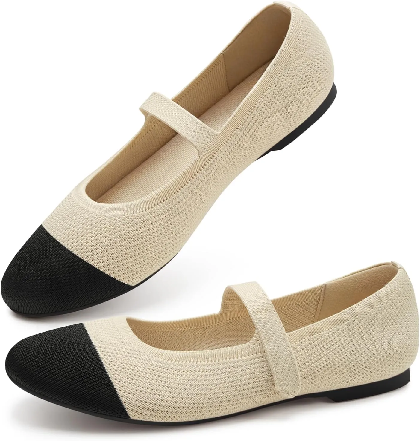 ATHMILE Mary Jane Shoes Women Round Toe Knit Ballet Flats Shoes for Women Comfortable Dressy Washable Adjustable Strap for Work Office Casual