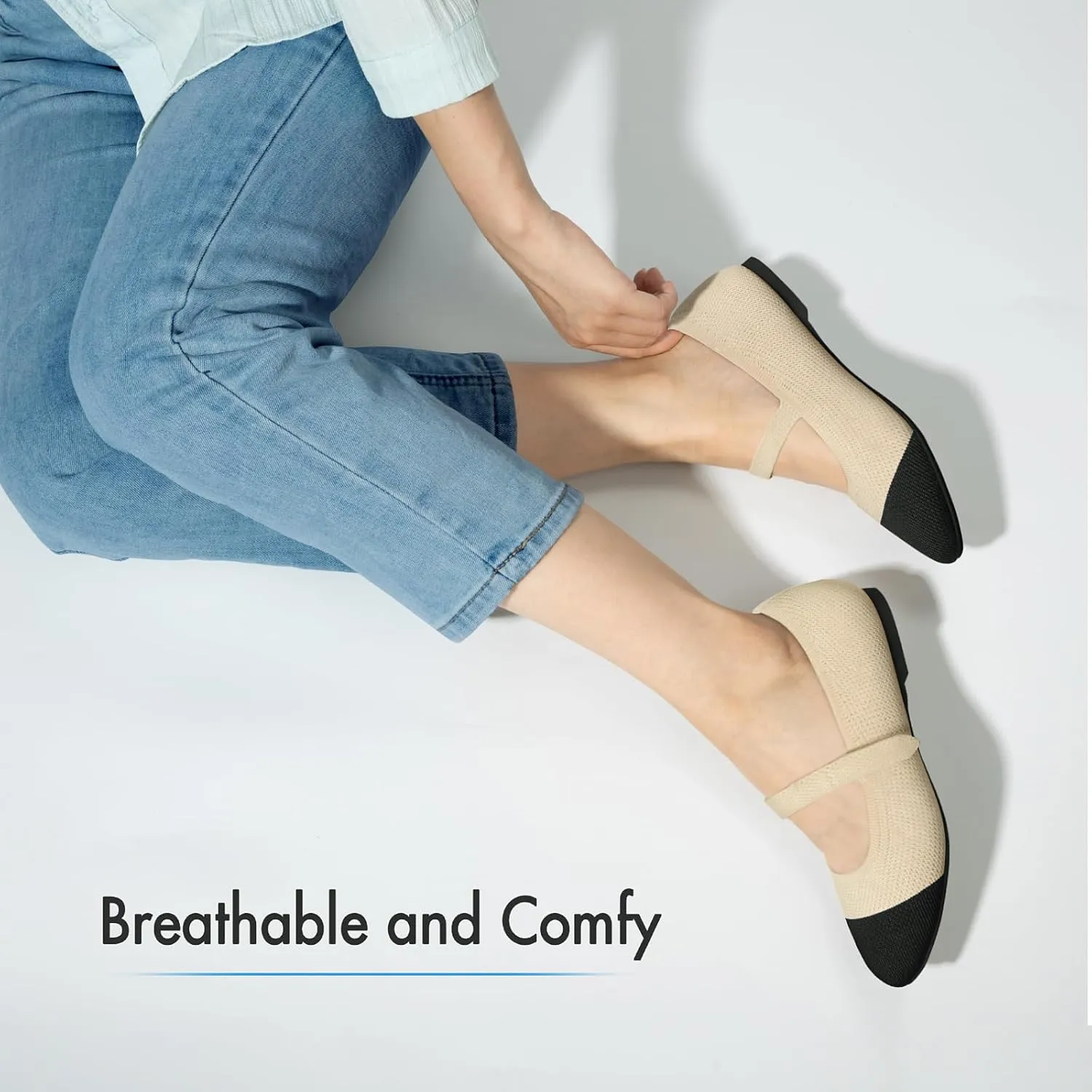 ATHMILE Mary Jane Shoes Women Round Toe Knit Ballet Flats Shoes for Women Comfortable Dressy Washable Adjustable Strap for Work Office Casual