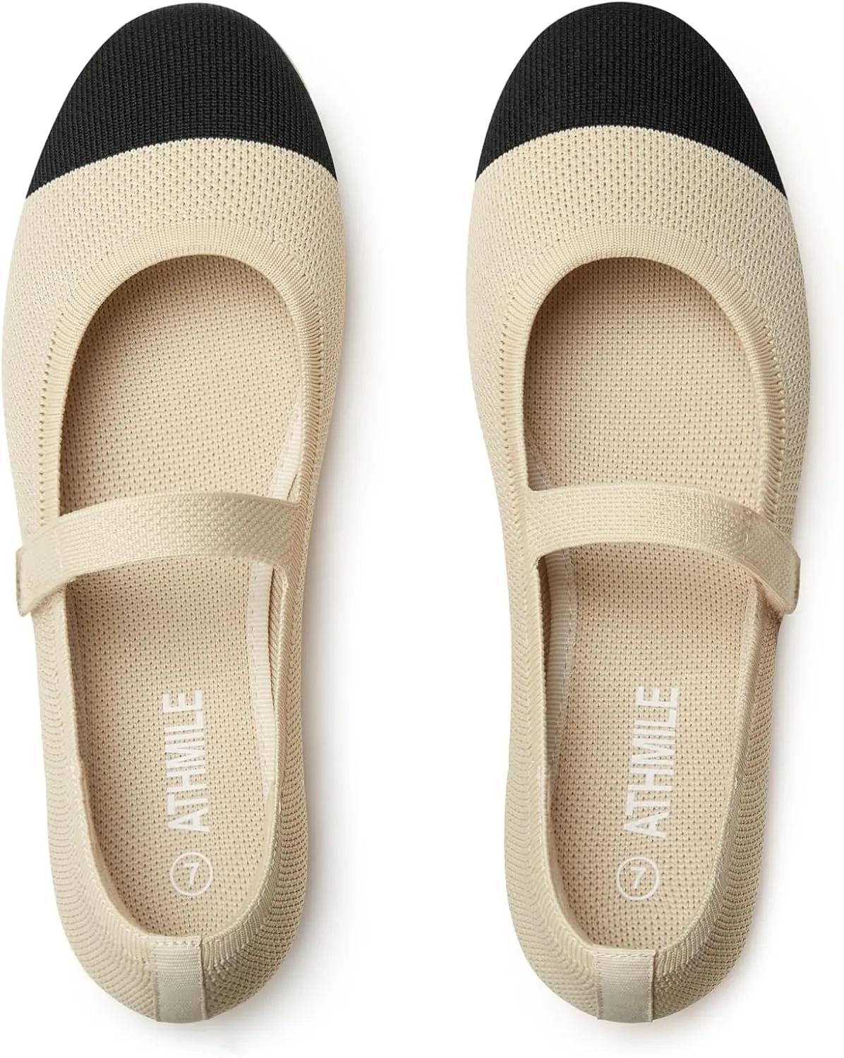 ATHMILE Mary Jane Shoes Women Round Toe Knit Ballet Flats Shoes for Women Comfortable Dressy Washable Adjustable Strap for Work Office Casual