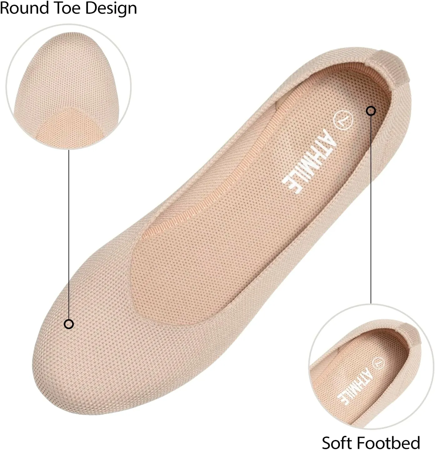 ATHMILE Women's Flat Ballet Shoes Knit Flat Shoes for Women Round Toe Slip on Women Flats for Dressy Casual Office Work Wedding Comfort Soft