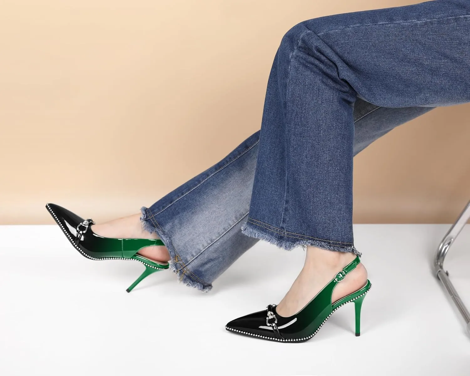 AUMOTED Women Beaded Pumps Slingback High Heel Stilettos Pointed Toe Shoes Slip On 3.5 Inch Ankle Strap Adjustable Patent Leather US Size 5-13