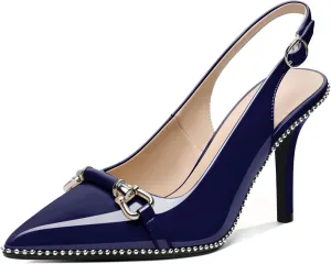 AUMOTED Women Beaded Pumps Slingback High Heel Stilettos Pointed Toe Shoes Slip On 3.5 Inch Ankle Strap Adjustable Patent Leather US Size 5-13