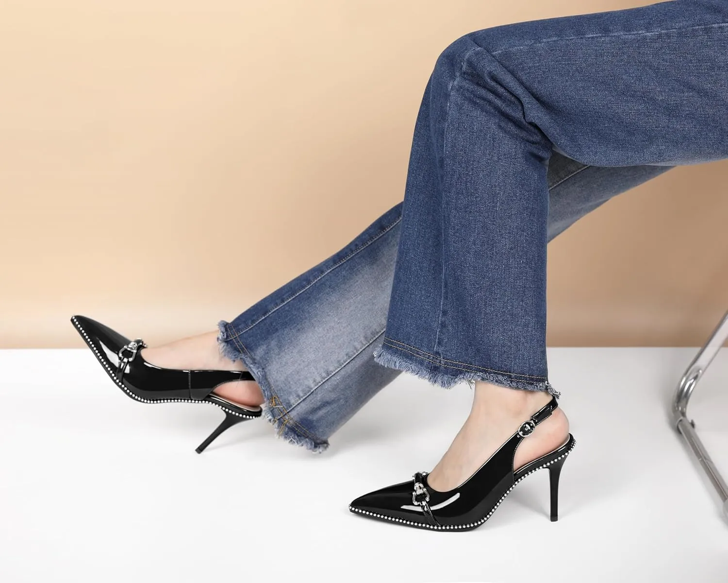 AUMOTED Women Beaded Pumps Slingback High Heel Stilettos Pointed Toe Shoes Slip On 3.5 Inch Ankle Strap Adjustable Patent Leather US Size 5-13