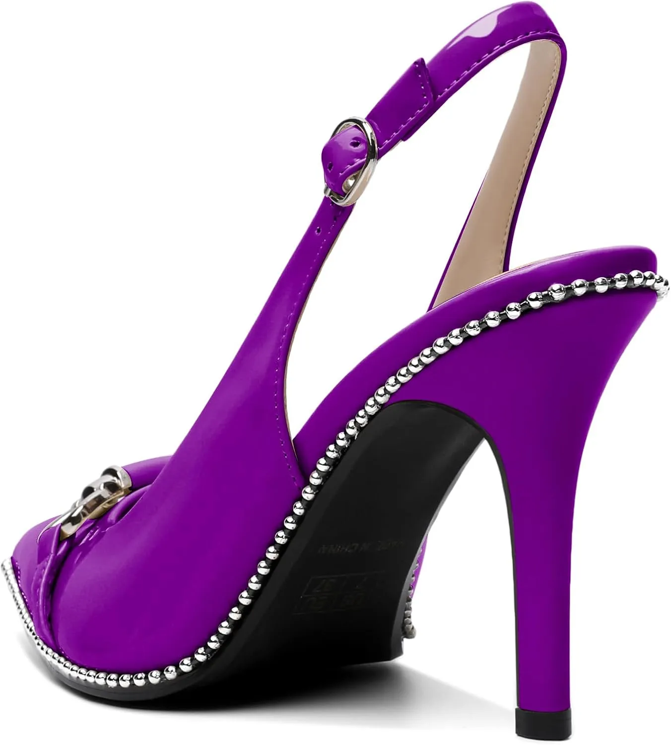 AUMOTED Women Beaded Pumps Slingback High Heel Stilettos Pointed Toe Shoes Slip On 3.5 Inch Ankle Strap Adjustable Patent Leather US Size 5-13