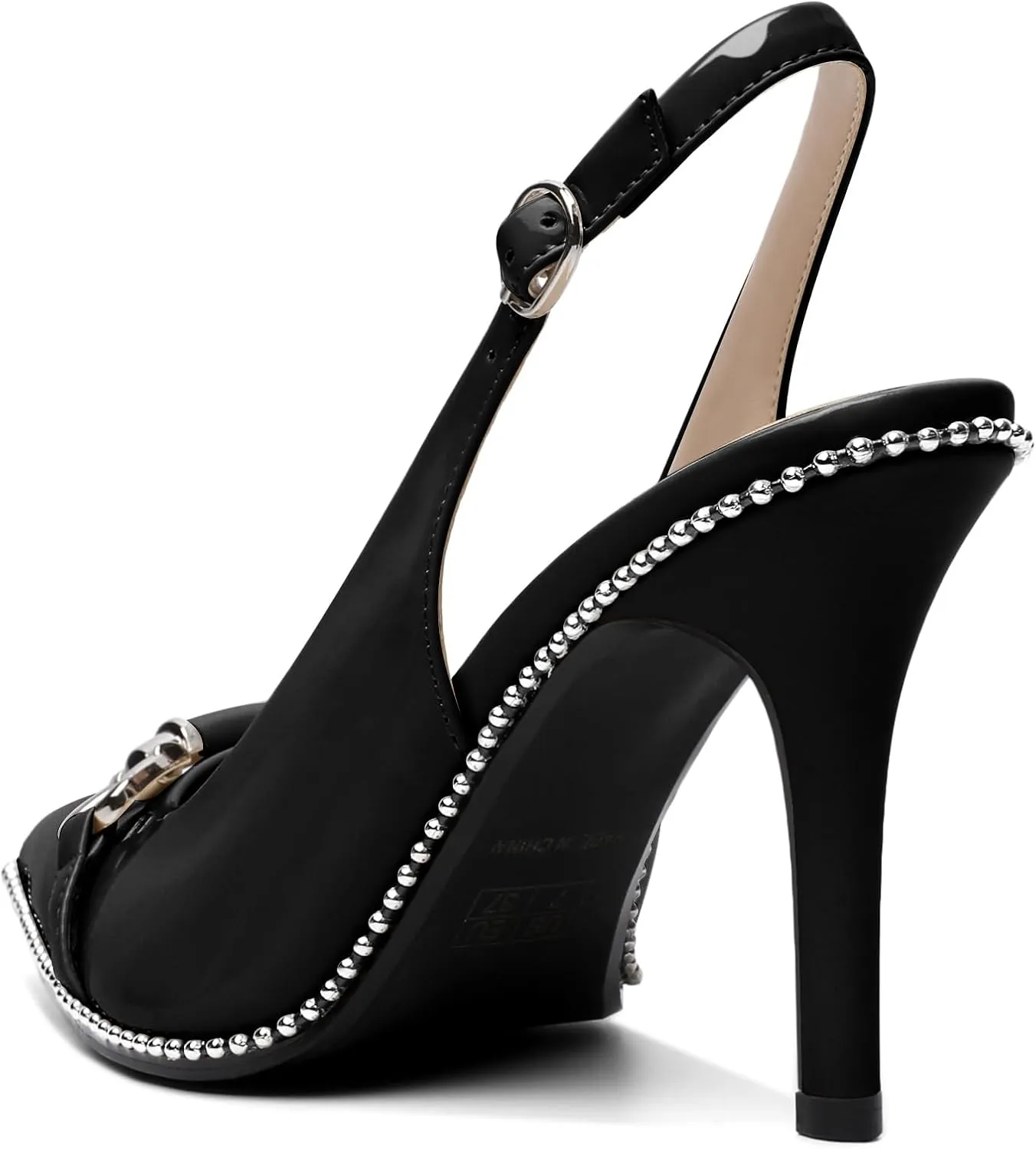 AUMOTED Women Beaded Pumps Slingback High Heel Stilettos Pointed Toe Shoes Slip On 3.5 Inch Ankle Strap Adjustable Patent Leather US Size 5-13